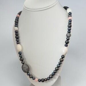 Vintage Ross Simons 925 Pearl Necklace Gray Pink White Rhinestone 30"-32"